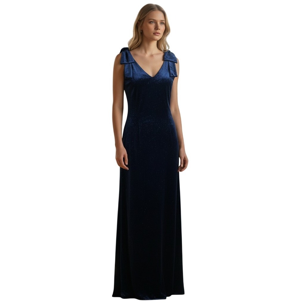 Nordstrom Blue Shimmer Velvet Formal Dress Small Bow Details Old Money Sheath